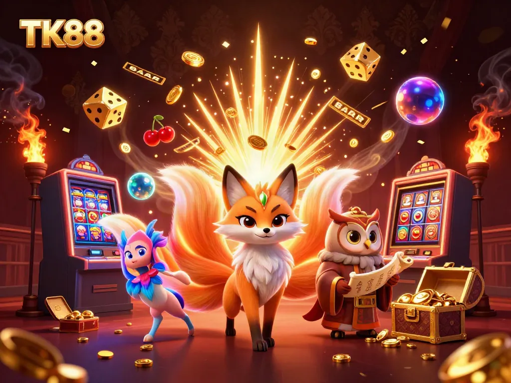 Engage in winning strategies at TK88 with a vibrant casino-inspired scene featuring animated characters and interactive game elements.
