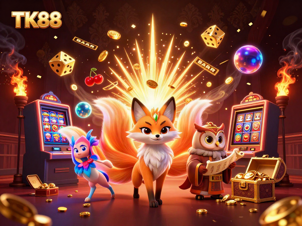 Engage in winning strategies at TK88 with a vibrant casino-inspired scene featuring animated characters and interactive game elements.