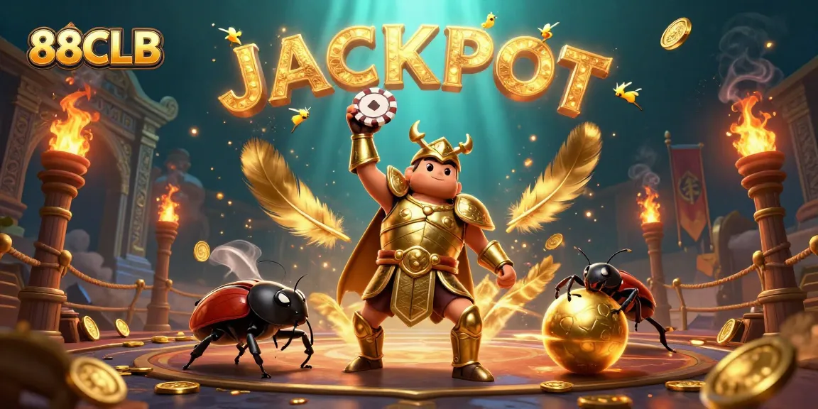 88CLB showcases a heroic beetle celebrating a jackpot victory in a vibrant casino atmosphere.