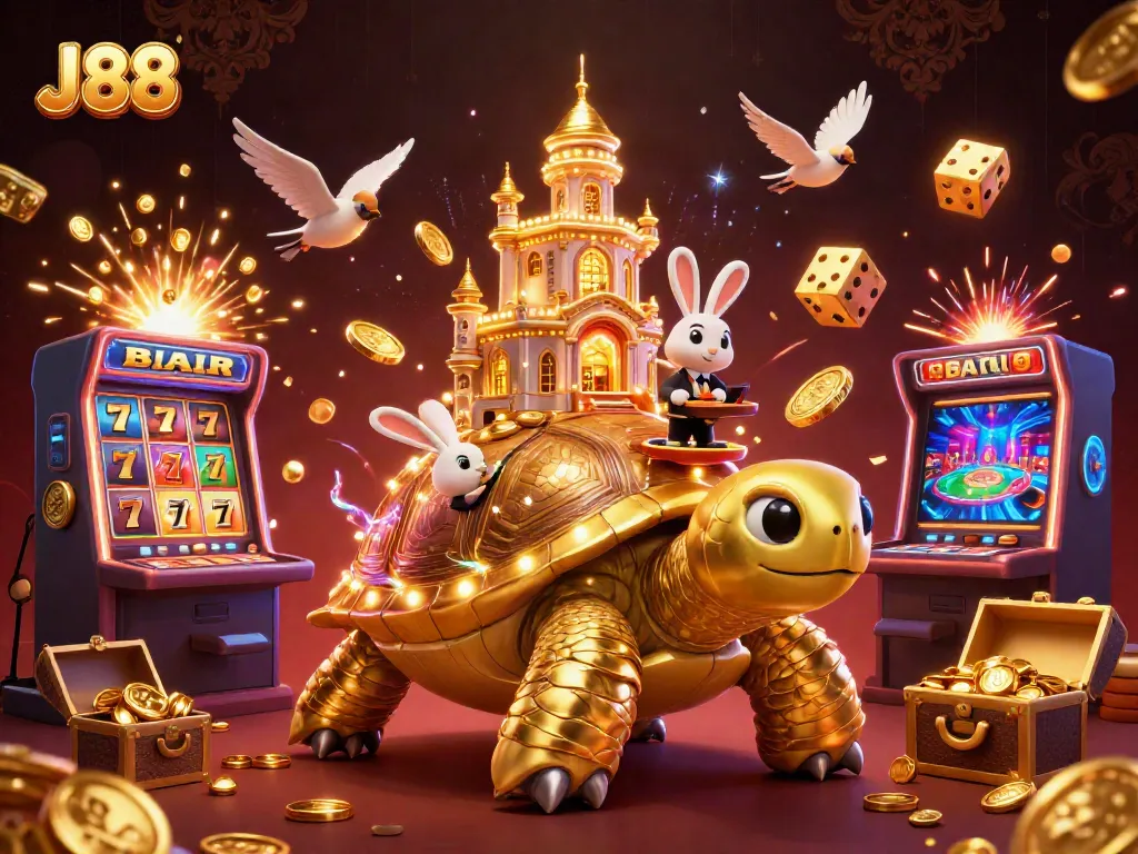 Experience the excitement of J88 online casino with a vibrant illustration of games, gold coins, and characters.