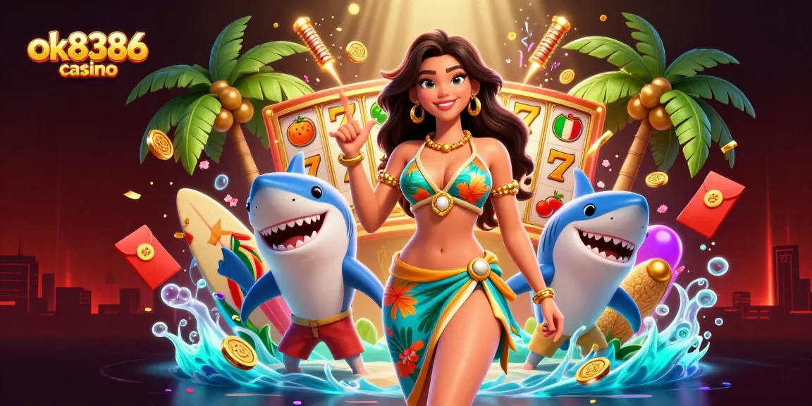 Engage in thrilling gameplay at ok8386 casino with dynamic slot reels, golden coins, and lively characters.