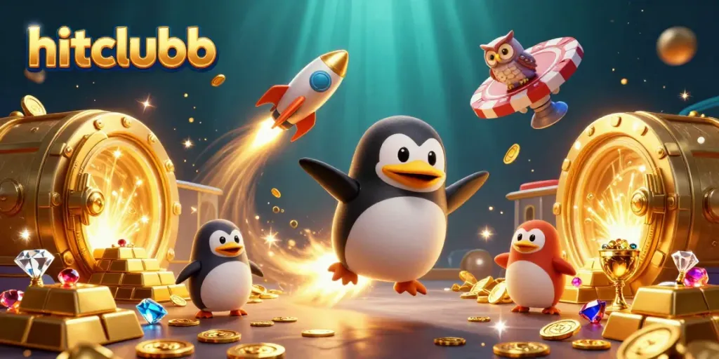 Experience the thrill with hitclubb as a golden penguin navigates through a dazzling casino universe.