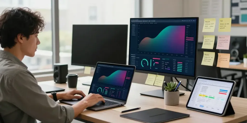 Digital marketer analyzing data for instant indexing strategies in a bright workspace.