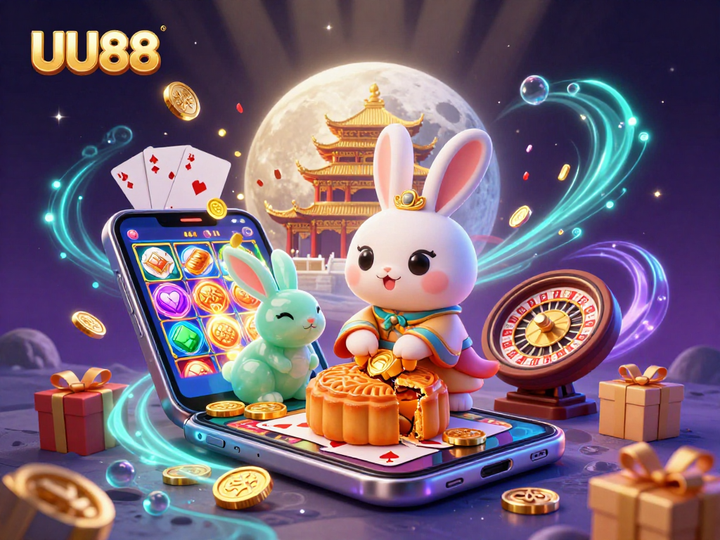 Experience the magic of UU88 with a whimsical illustration of the moon rabbit revealing poker chips