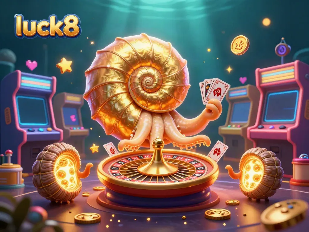 Engage players with luck8's vibrant casino scene showcasing a giant nautilus roulette wheel and exciting game elements.