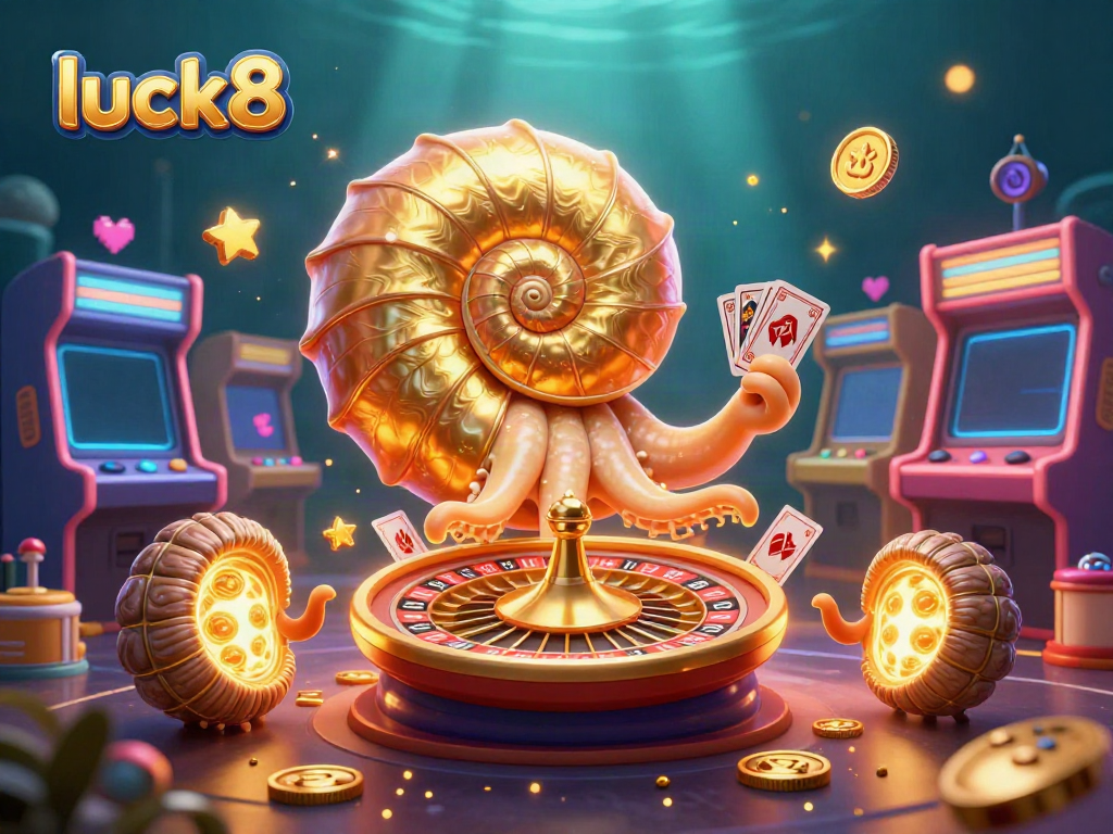 Engage players with luck8's vibrant casino scene showcasing a giant nautilus roulette wheel and exciting game elements.
