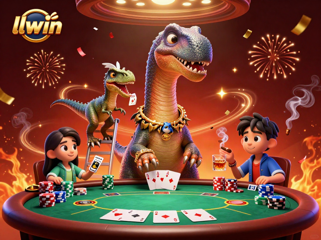 Experience thrilling gameplay at llwin with a stunning 3D illustration of a brontosaurus in a dynamic casino scene.