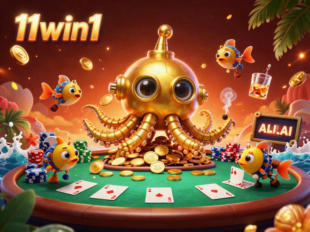 Experience thrilling action at 11win1 with a dynamic casino scene featuring unique golden kraken and poker elements.