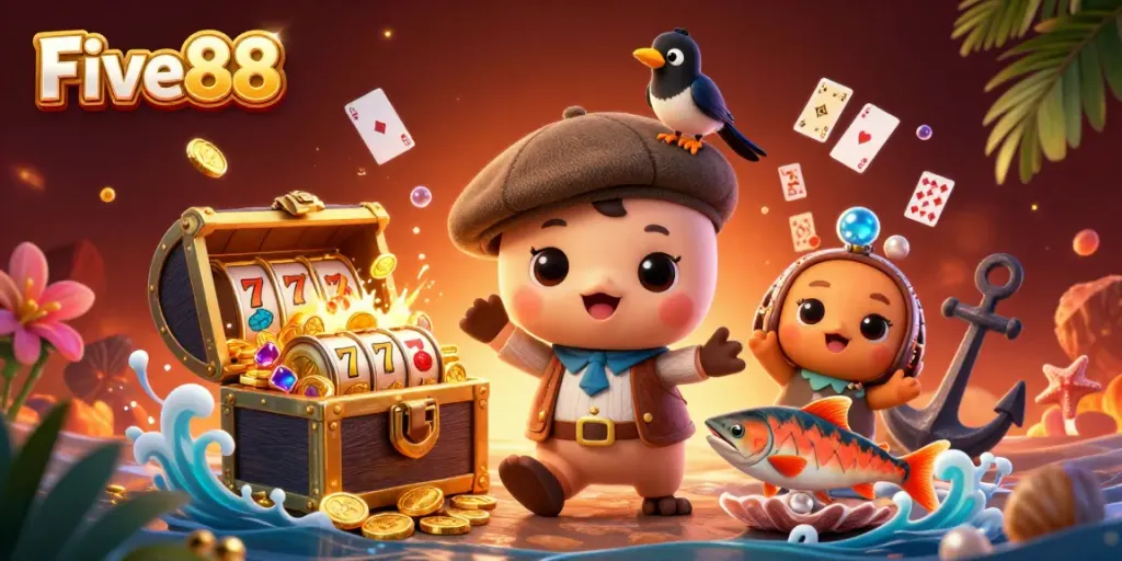 Play and win with Five88 in a rich casino scene featuring fun characters amidst gold and gems.