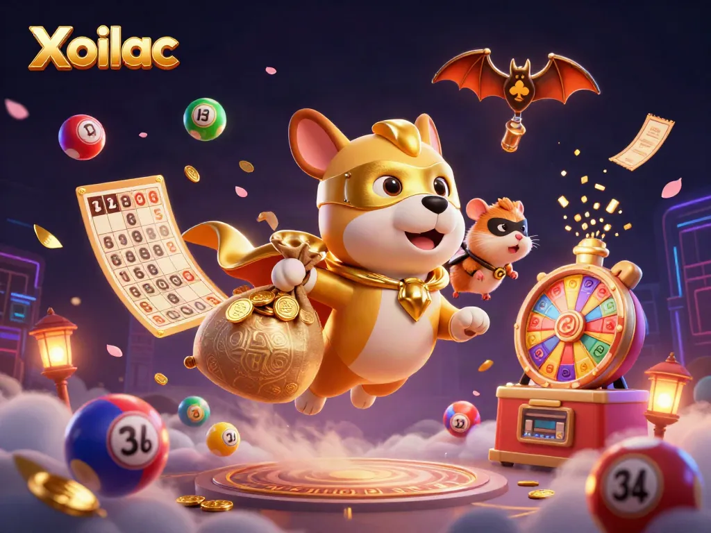 Xoilac's 3D illustration depicts a superhero dog flying with gold coins and vibrant gambling elements.