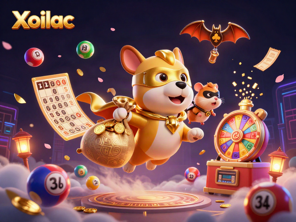 Xoilac's 3D illustration depicts a superhero dog flying with gold coins and vibrant gambling elements.