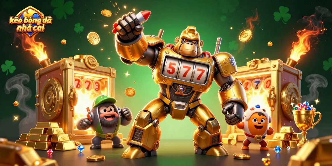 Experience exciting betting action with kèo bóng đá nhà cái in a vibrant 3D illustration featuring a golden mech and treasures.