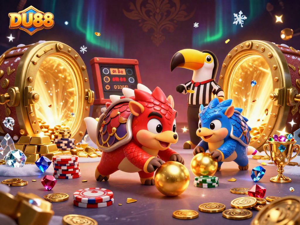 Engage with DU88 at vibrant casino, where rival pangolins roll into golden balls amidst a poker chip game.