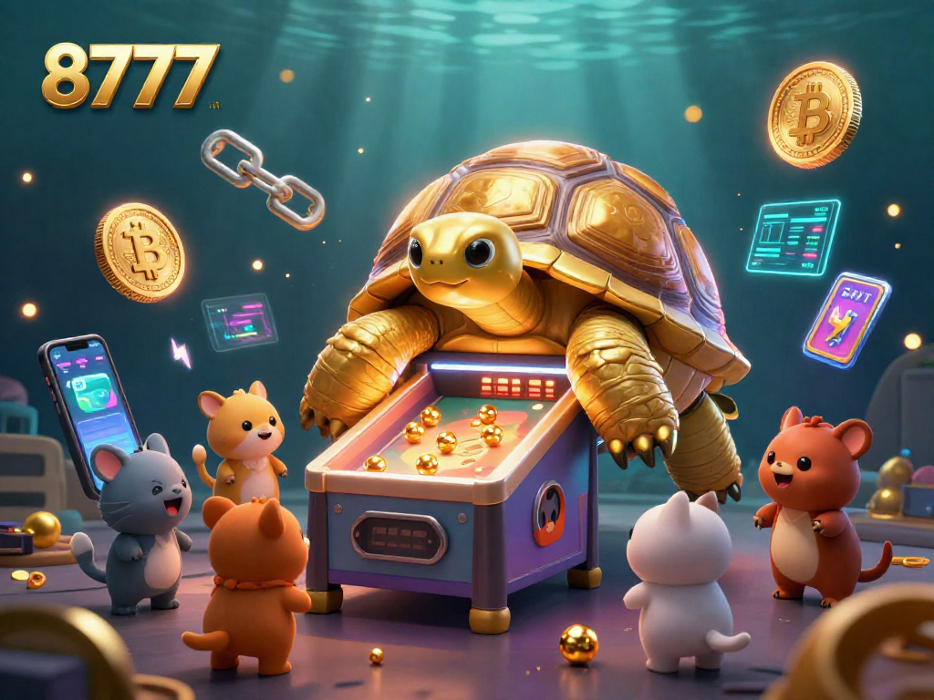 Engage with the vibrant world of 8777 where a colossal golden tortoise pinball machine shines among neon crypto symbols, inviting gamers.