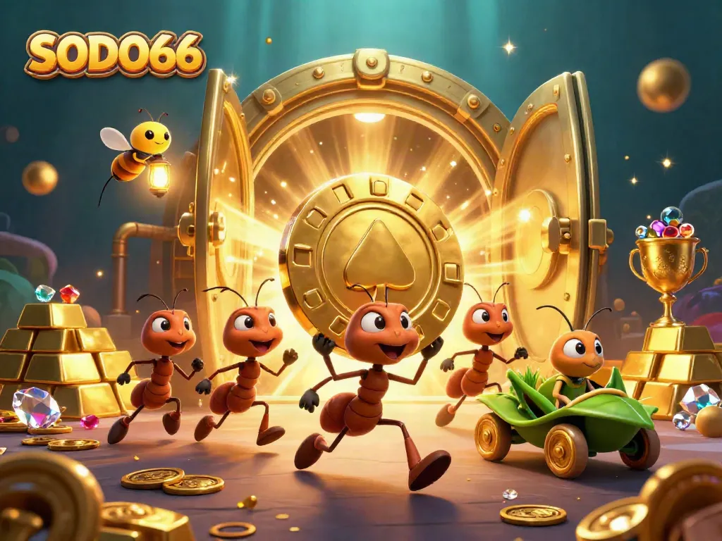 SODO66: Ants executing a heist with a giant poker chip, golden treasures, and vibrant casino elements.