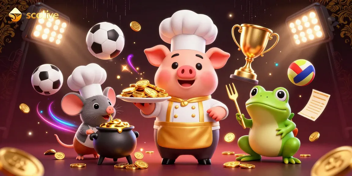 Socolive features a lively scene with a chef pig serving gold coins, surrounded by sports elements.