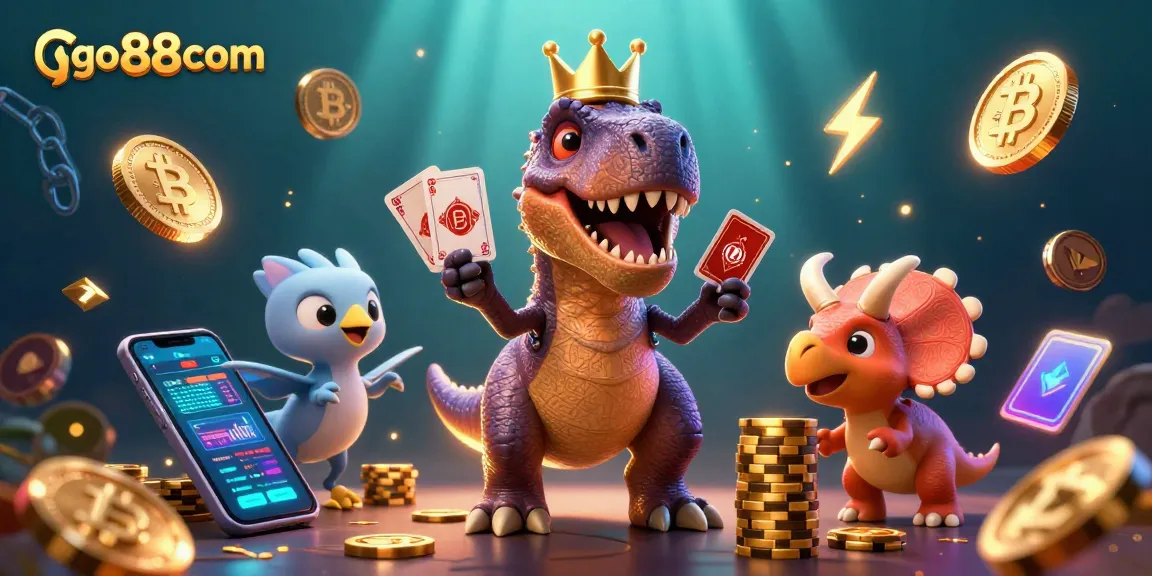 Engage with go88com's thrilling gaming scene featuring a whimsical T-Rex and friends amidst floating cryptocurrencies.