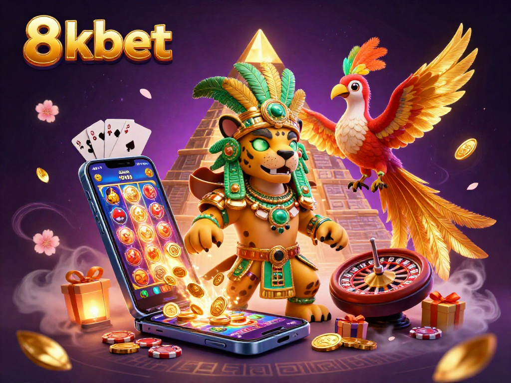 8kbet casino illustration showcasing dynamic gameplay with vibrant characters and slot games.