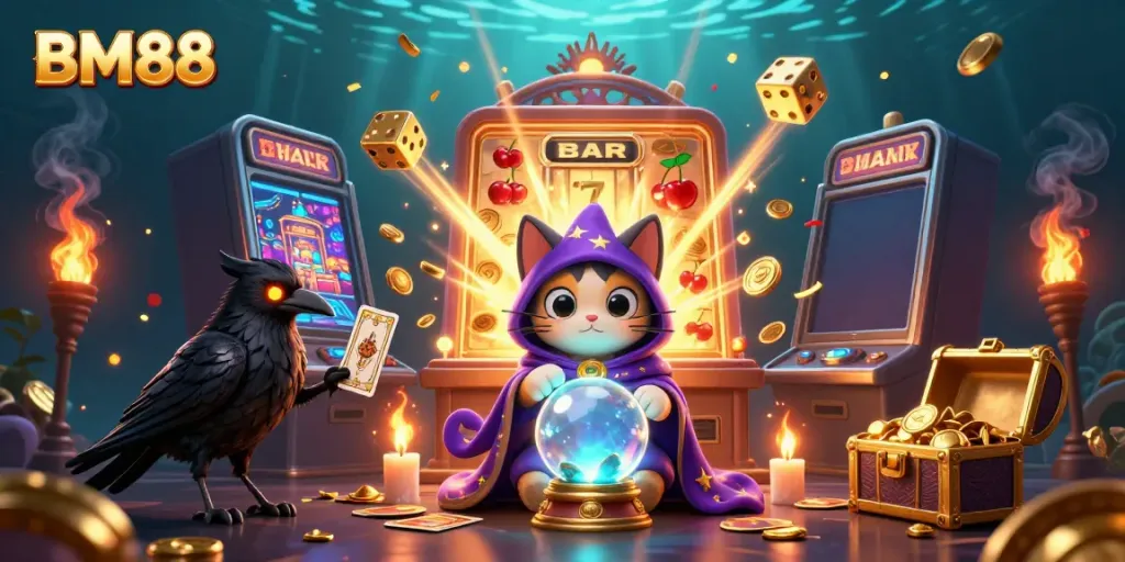 Experience the thrilling world of BM88 with a dynamic scene of a mystic fortune teller cat, tarot raven, and vibrant casino elements amidst a jackpot explosion.