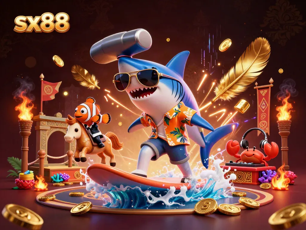 SX88's cartoon shark character surfing on gold coins in a vibrant 3D casino scene