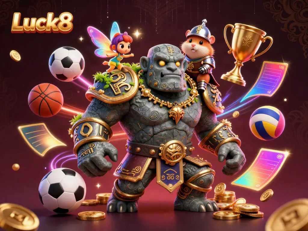 Luck8 showcases an ancient golem guardian amidst a vibrant casino scene filled with lively elements.