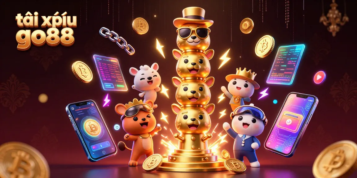 Engage in tài xỉu go88 gameplay surrounded by animated casino elements and cryptocurrency visuals.