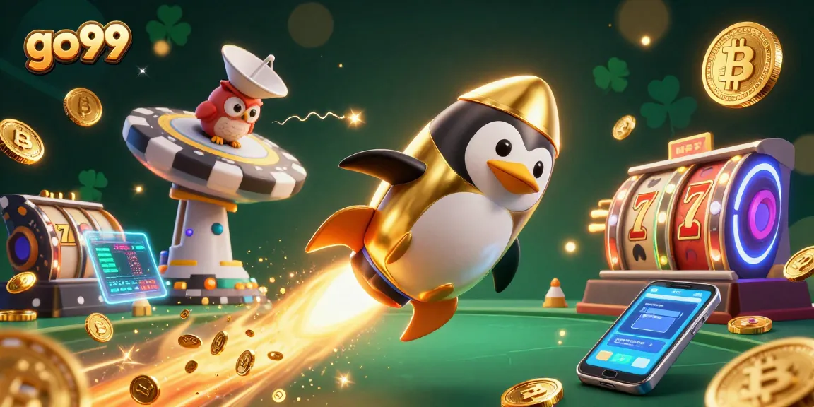 Experience the excitement of go 99 with a cartoon penguin in an ultra-detailed casino-themed space scene.