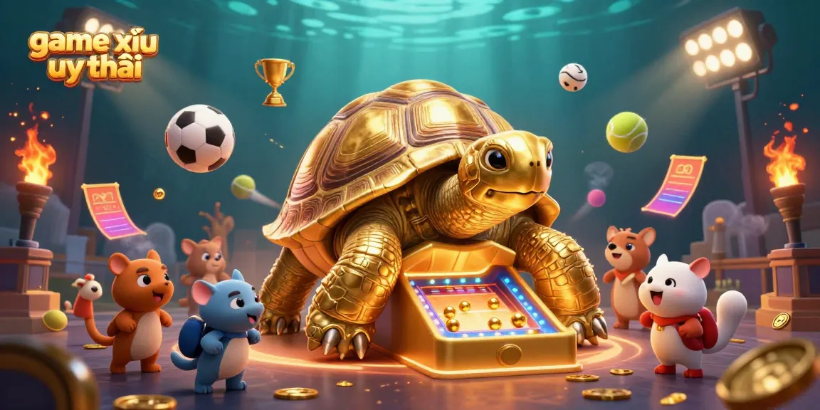 Engage with the vibrant scene of game tài xỉu uy tín featuring a golden tortoise and sports elements