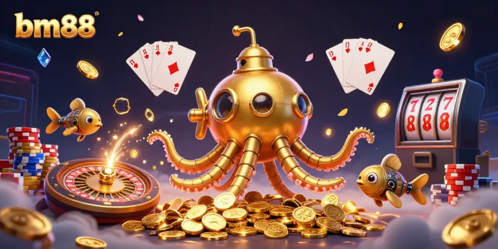 Experience the excitement of bm88 with a vibrant 3D scene featuring a golden kraken submarine amidst sparkling casino elements.