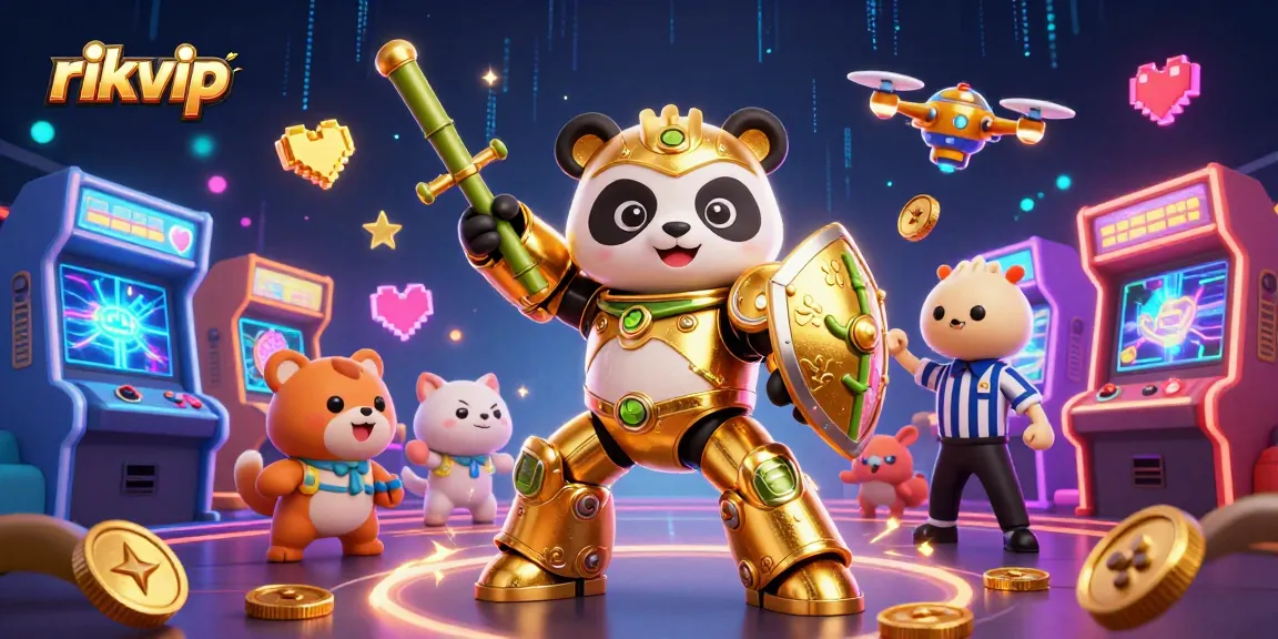 Experience the thrilling games at rikvip with a dynamic 3D casino scene featuring a golden panda robot!