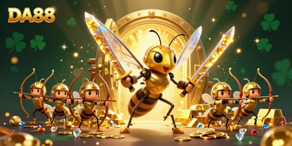 Engage with DA88 in a vibrant 3D cartoon scene featuring a golden hornet samurai and bee archers amidst treasures.