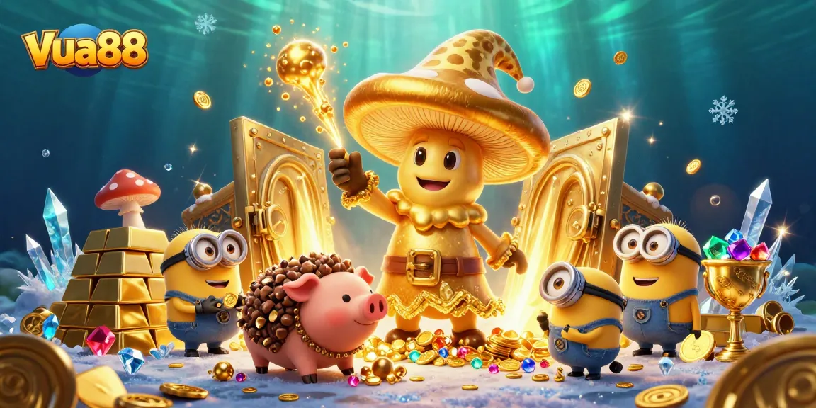Experience the magic of vua88 as the golden mushroom wizard conjures treasures amidst vibrant casino elements.