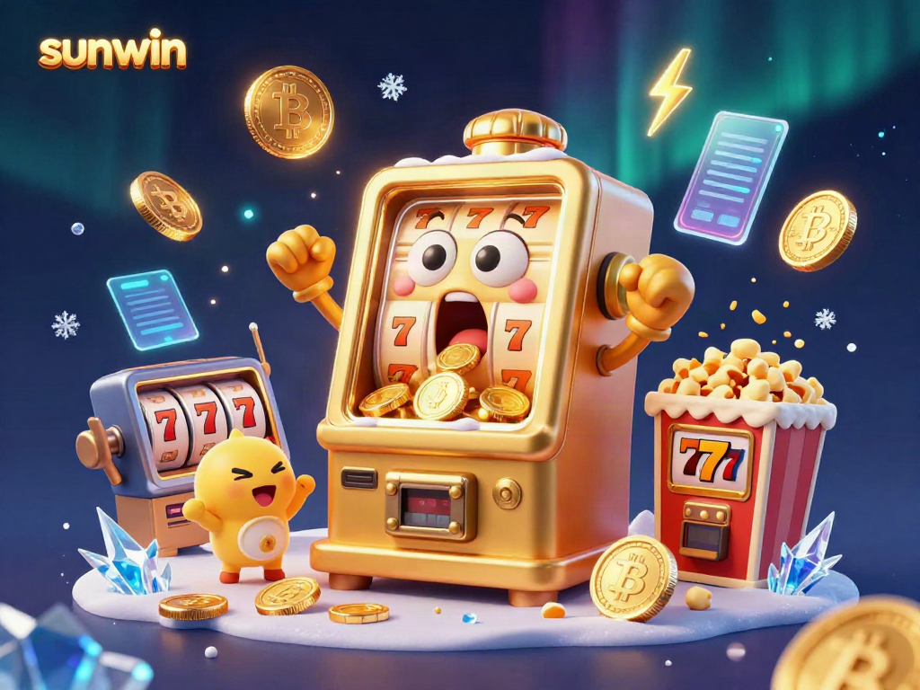 Watch sunwin's animated slot machine celebrate a jackpot with coins cascading around, showcasing vibrant gambling excitement.