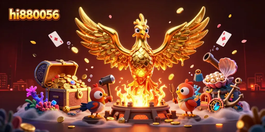 Engage in thrilling gameplay with hi880056 featuring a golden phoenix and dynamic treasure elements.