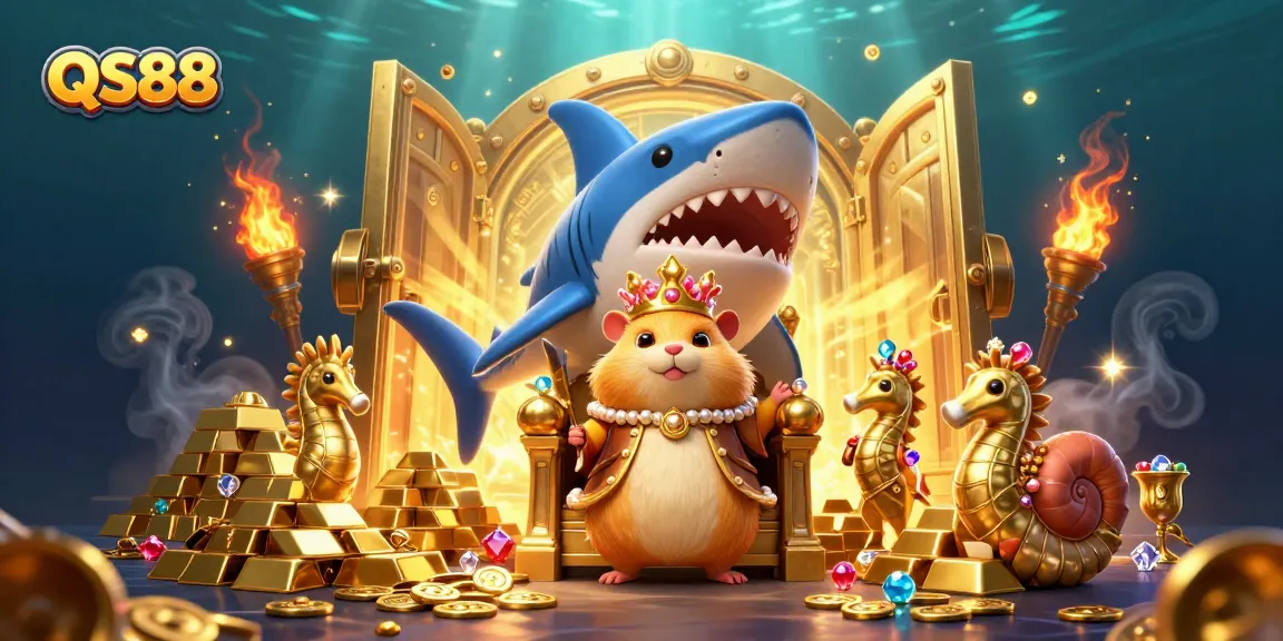 Experience the excitement at QS88 as the golden hamster king rules the underwater casino with treasure!
