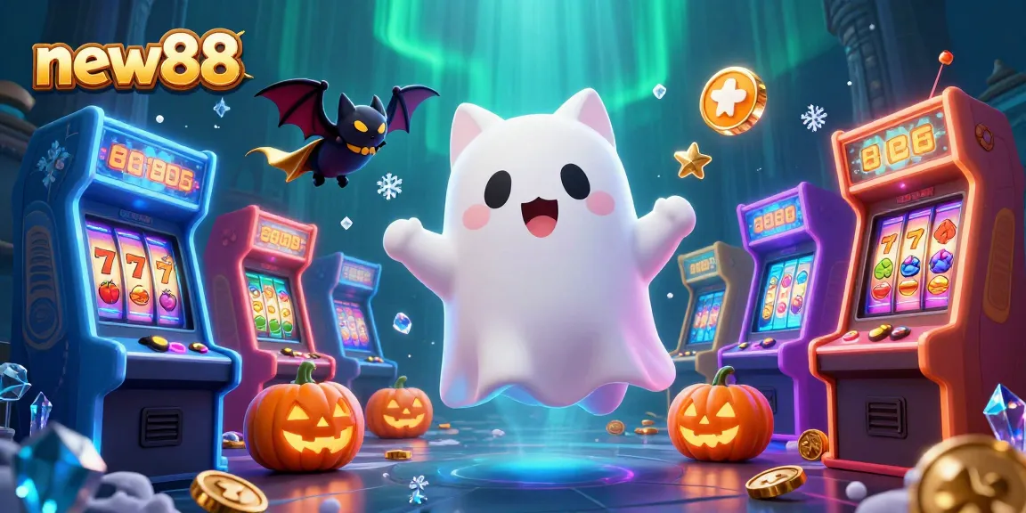 Experience winning at new88 with a lively ghost cat and bat in an exciting casino scene.