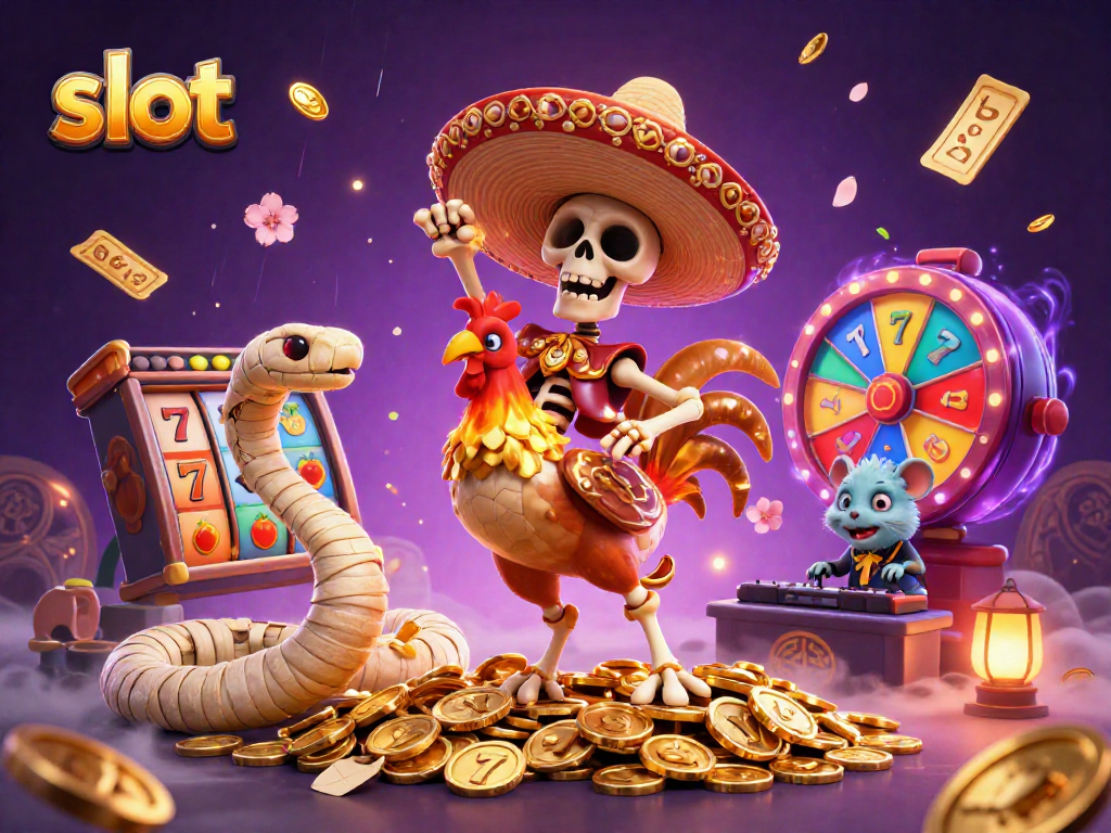 Spin the slot reels with a lively mariachi rooster amidst colorful casino elements.