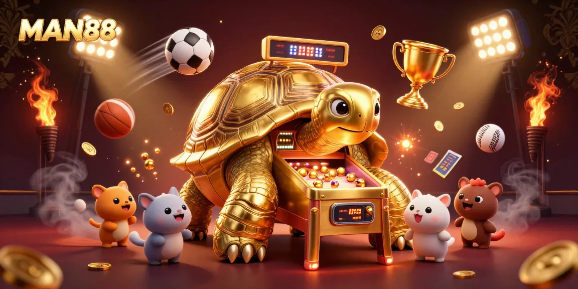 Experience thrilling gameplay at MAN88 with a vibrant 3D illustration of a colossal golden tortoise pinball machine.