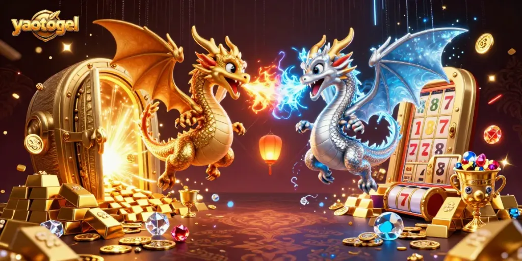 Experience thrilling wins with yaotogel in a rich 3D illustration of gold and silver dragons and gambling treasures.