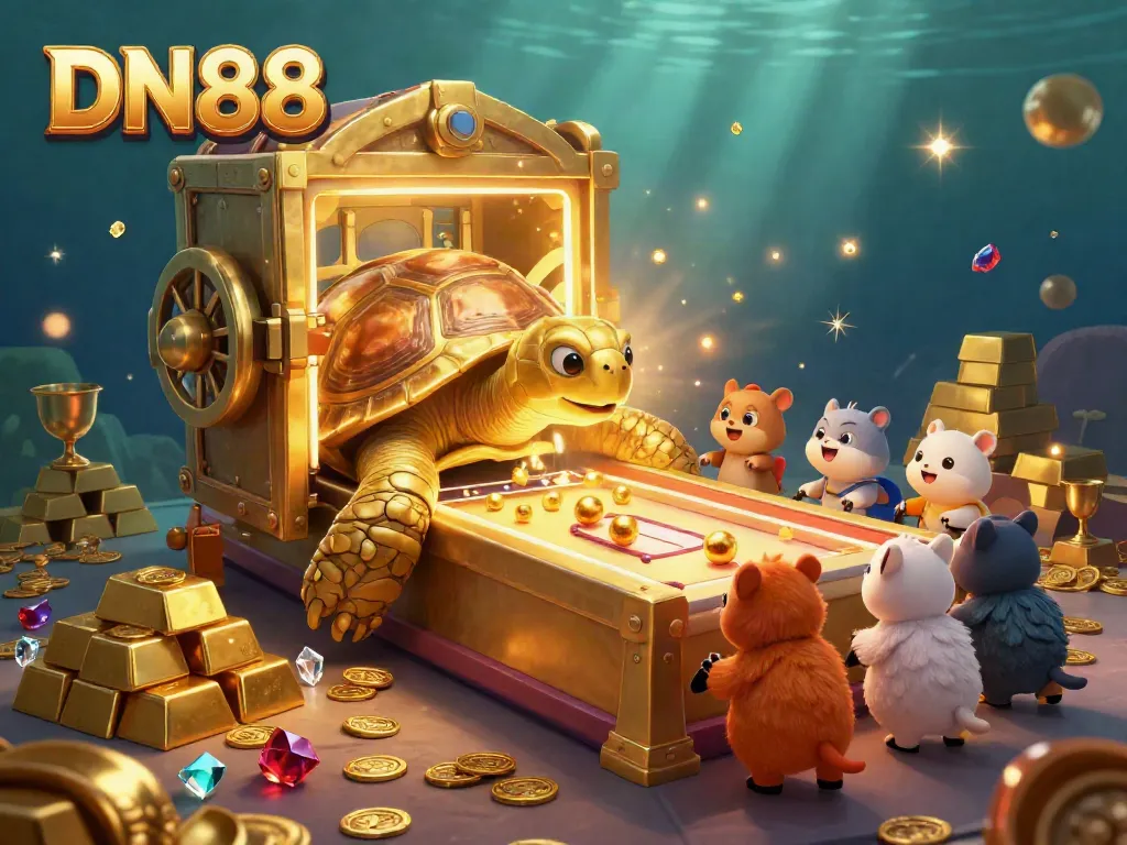 Experience the excitement of DN88 with a golden tortoise pinball machine and sparkling treasures in a vibrant casino scene.