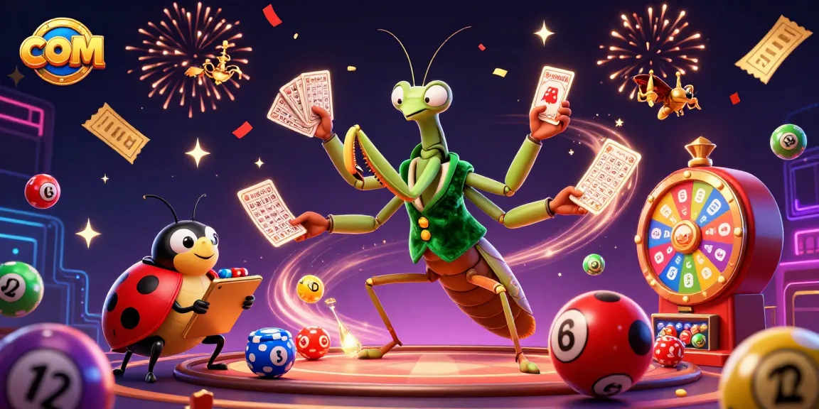 Engage with immersive casino fun at com, featuring a lively scene with characters dealing cards and lottery balls.