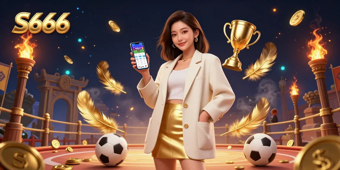 S666 sports betting app illustration with a friendly Asian woman and dynamic casino elements.