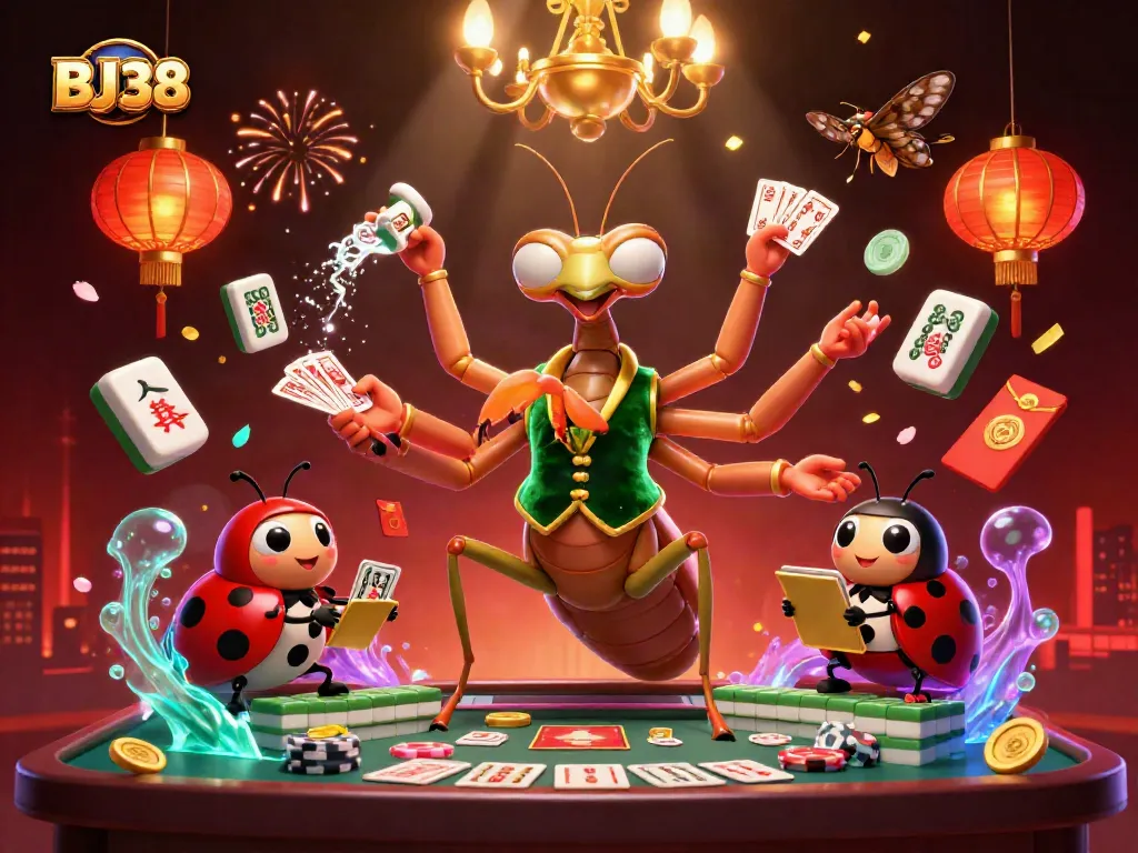 BJ38 showcases vibrant casino action with a giant mantis card sharp, ladybug pit boss, and festive gambling elements.