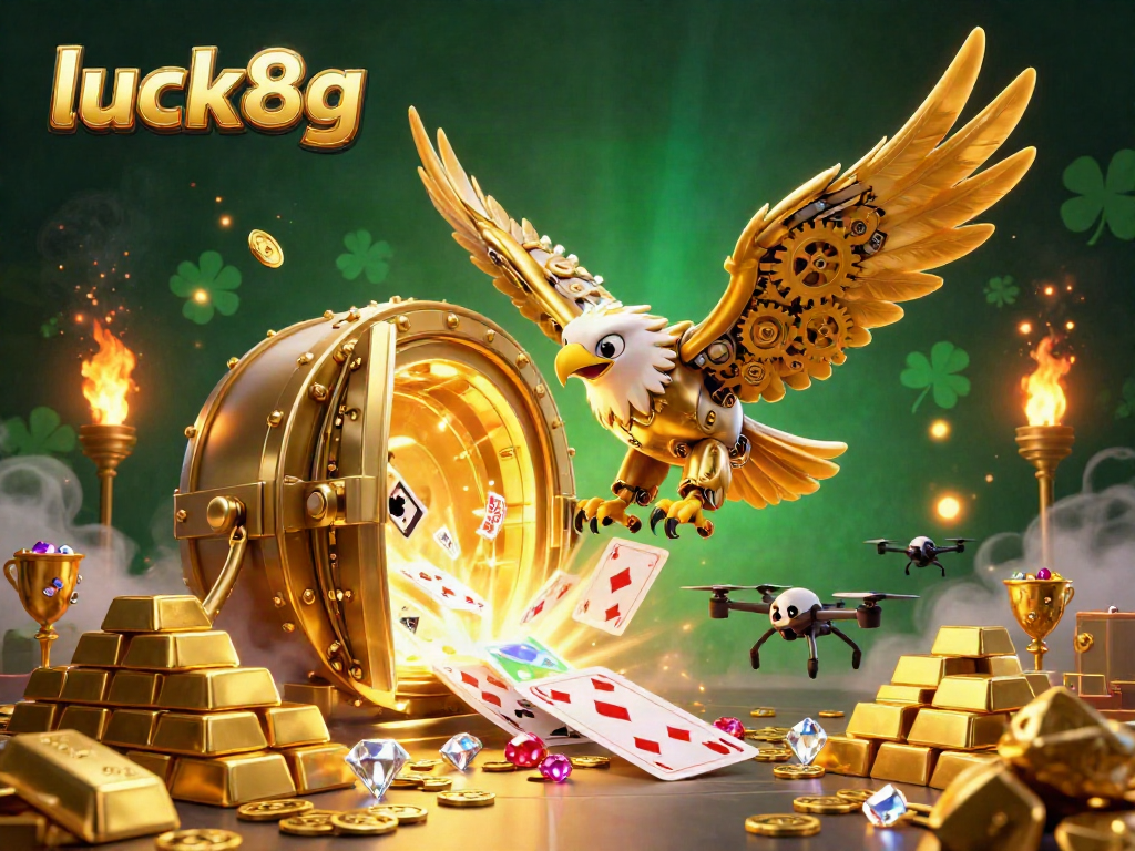 Engage in the vibrant casino world of luck8g with a golden eagle and treasure bursting from a vault.