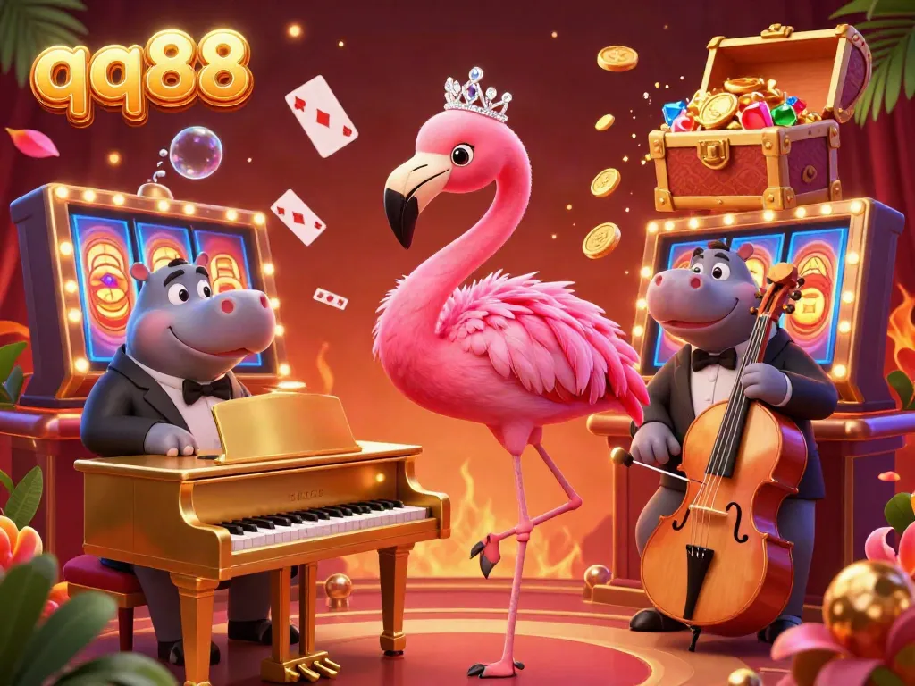 Engage in thrilling gaming with qq88's vibrant casino scene featuring a flamingo singer and hippo bassist, surrounded by dynamic slot elements.