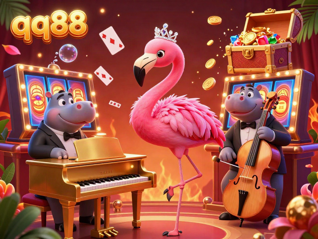 Engage in thrilling gaming with qq88's vibrant casino scene featuring a flamingo singer and hippo bassist, surrounded by dynamic slot elements.