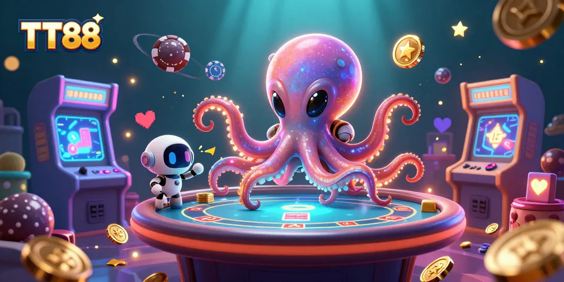 Engage with TT88's immersive casino experience featuring an alien octopus at a holographic table.