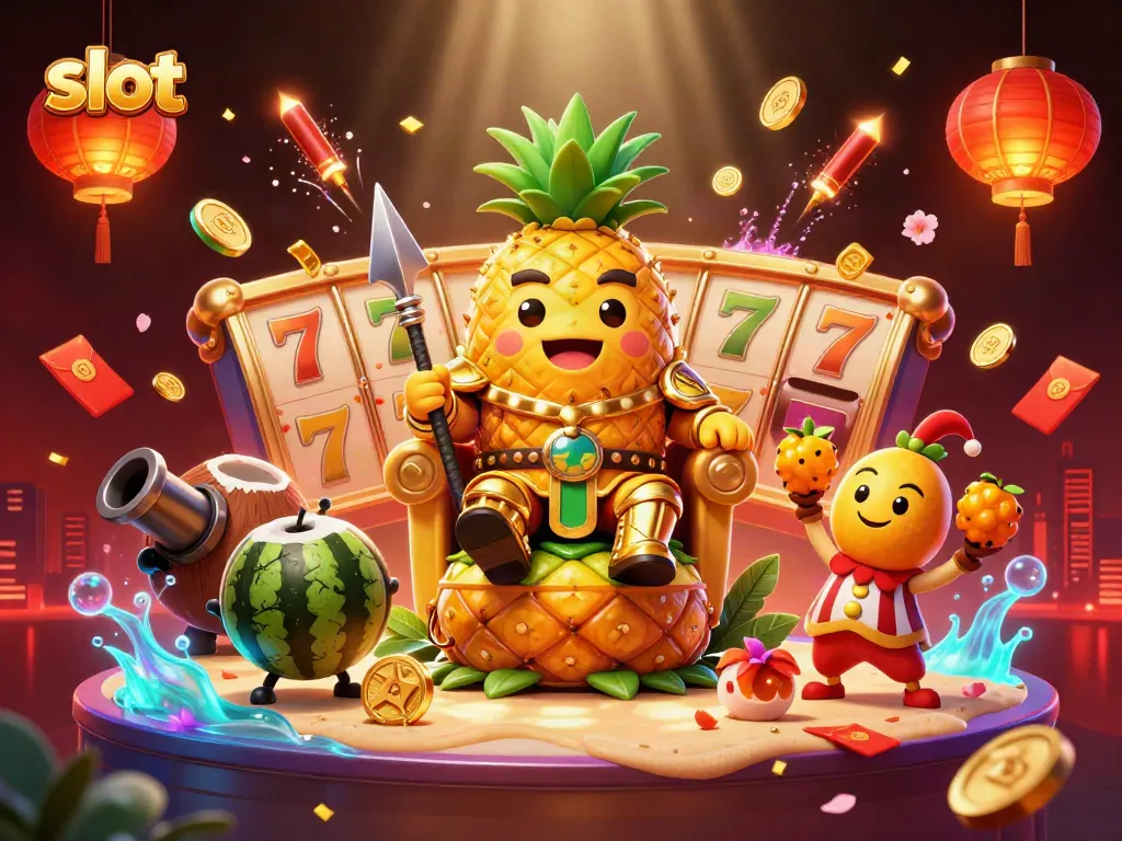 Spin the slot with a golden pineapple king in an exciting casino scene filled with vibrant characters.