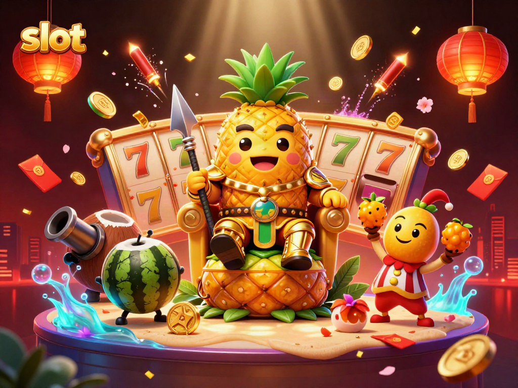 Spin the slot with a golden pineapple king in an exciting casino scene filled with vibrant characters.