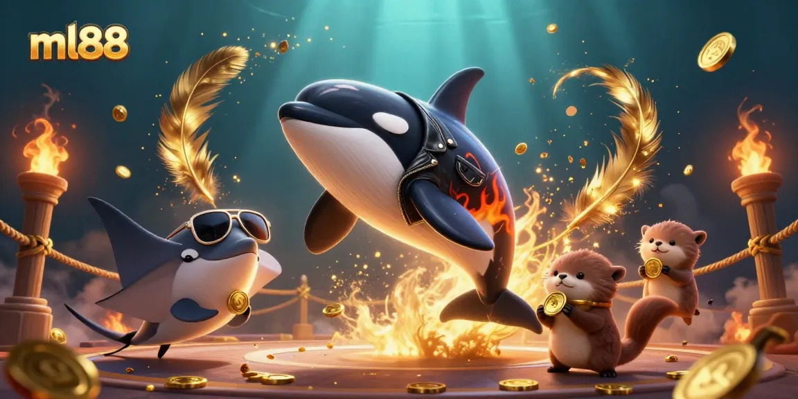 Experience the thrill of ml88 with a dynamic scene featuring an orca whale, stingray, and sea otters at play.